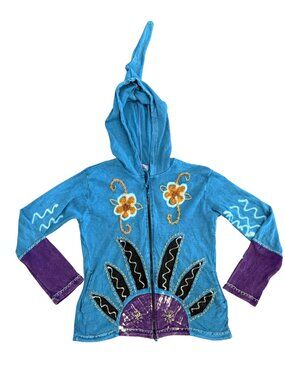 Y2K Embroidered Hippie Zip Up Hoodie Hooded Sweatshirt Size XL